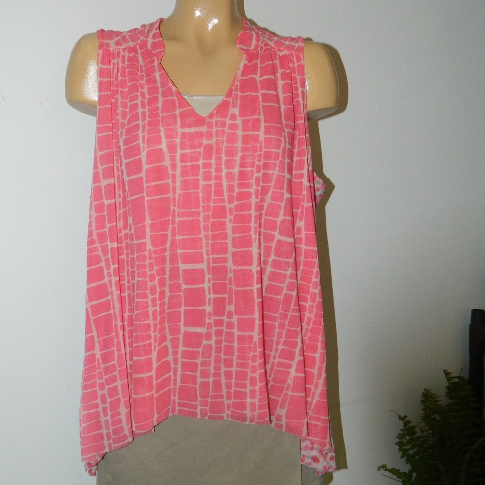 Piper & Sparrow Sleeveless Blouse Women 2X Pink Geometric Dot High Low Mesh Top